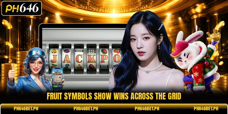 Fruit symbols show wins across the grid